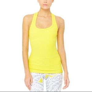 Alo Yellow Ribbed Knit Racerback Tank with Built In Bra